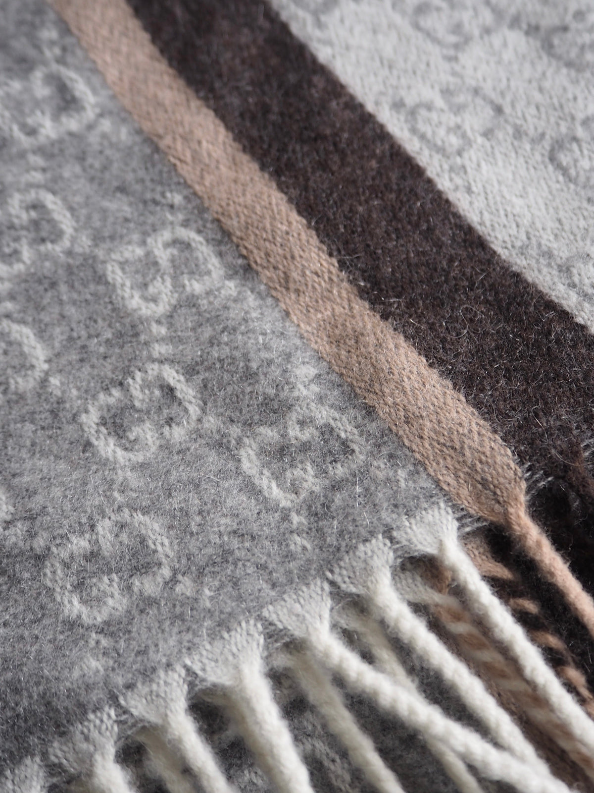 GUCCI GG JACQUARD CASHMERE/WOOL SCARF WITH TASSELS