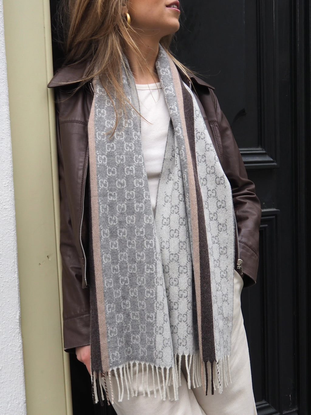 GUCCI GG JACQUARD CASHMERE/WOOL SCARF WITH TASSELS