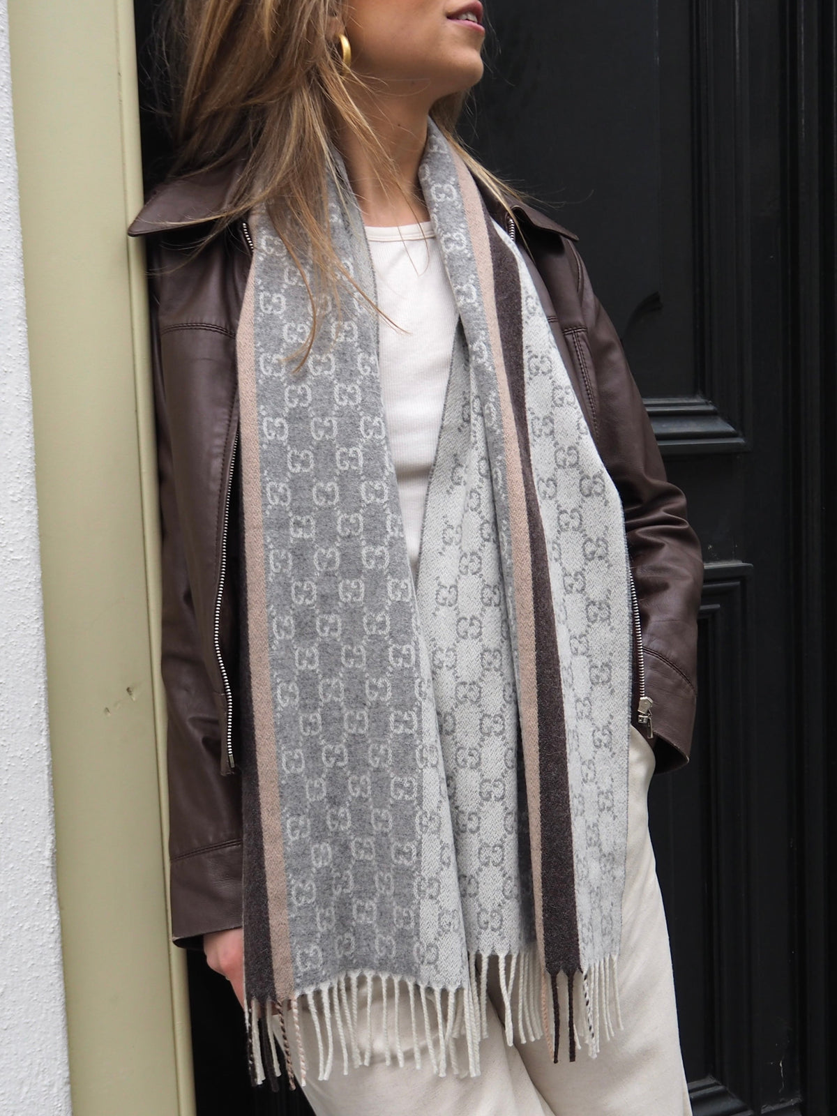 GUCCI GG JACQUARD CASHMERE/WOOL SCARF WITH TASSELS