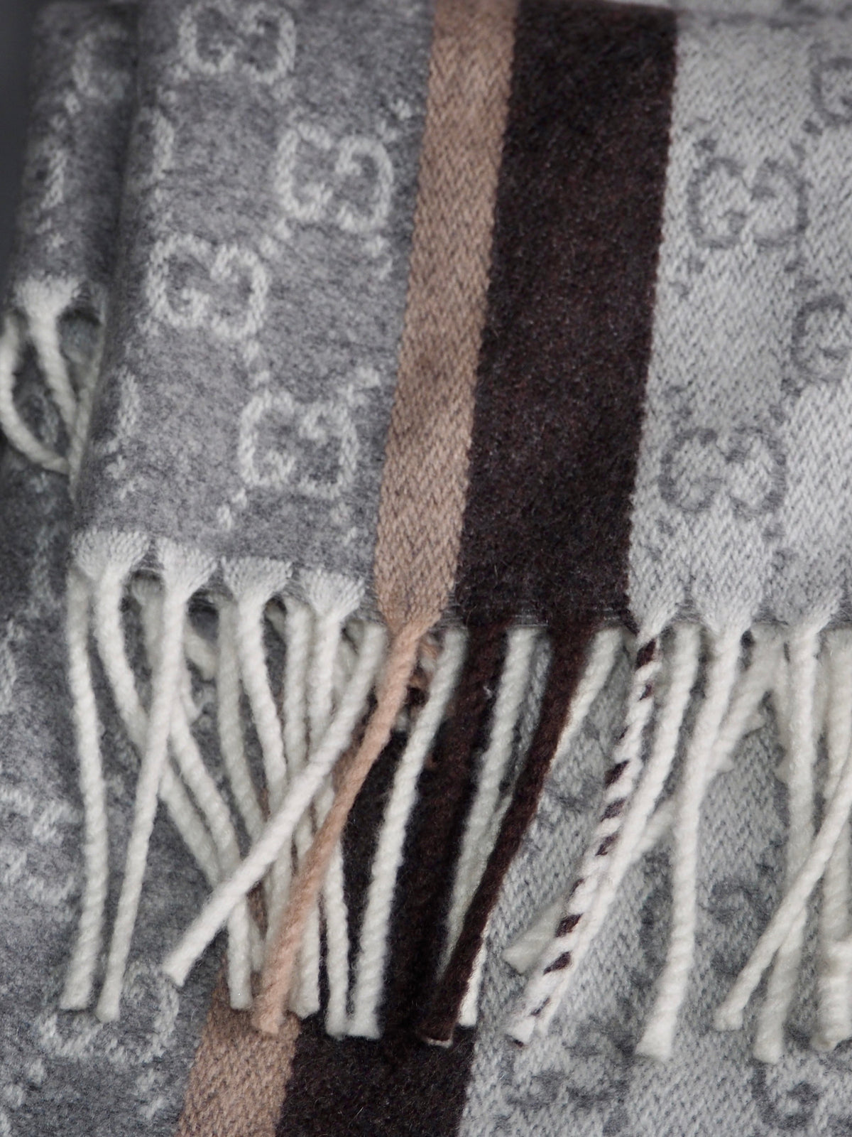 GUCCI GG JACQUARD CASHMERE/WOOL SCARF WITH TASSELS