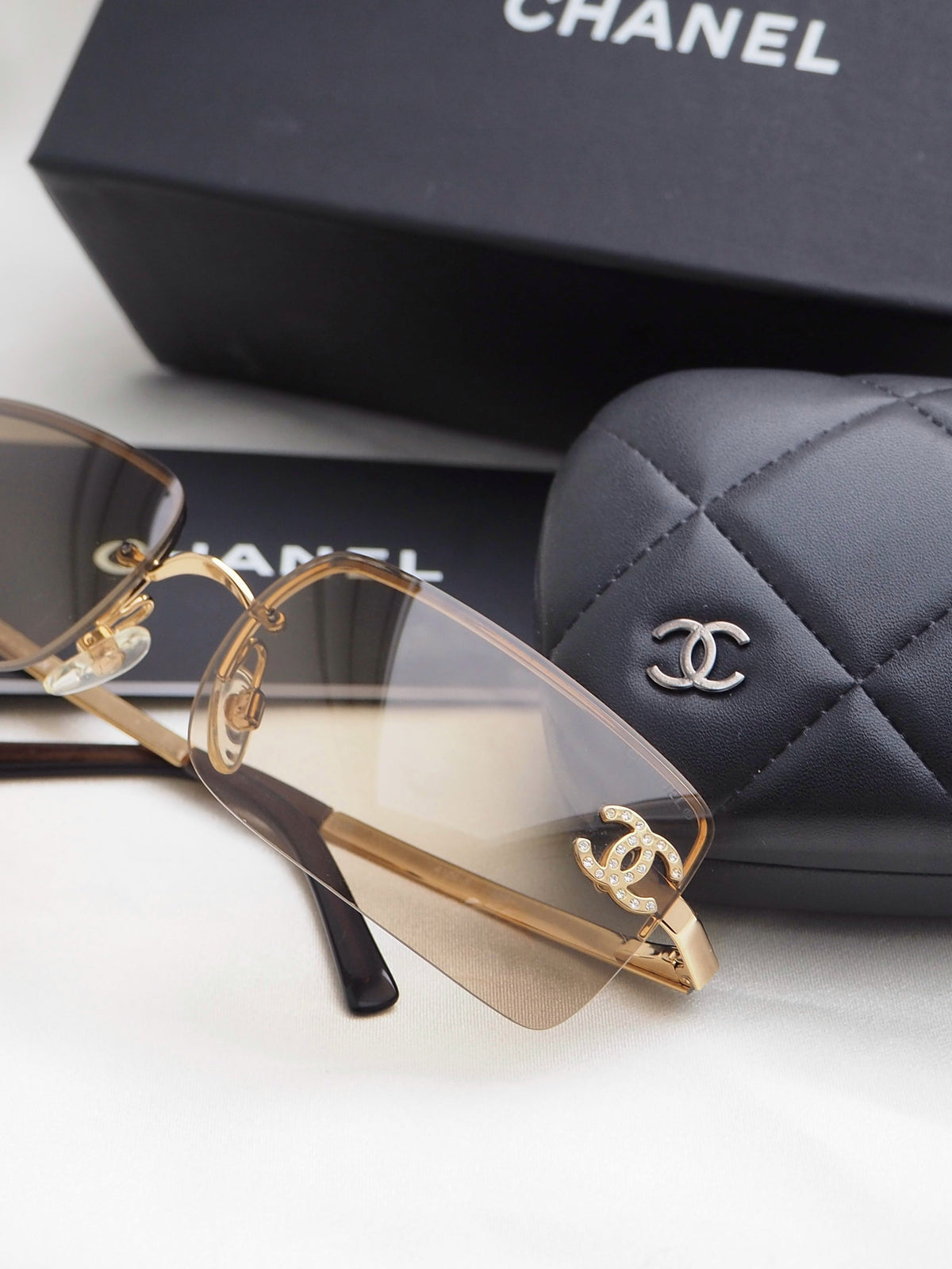 CHANEL 4104-B CRYSTAL CC LOGO RIMLESS SUNGLASSES BROWN